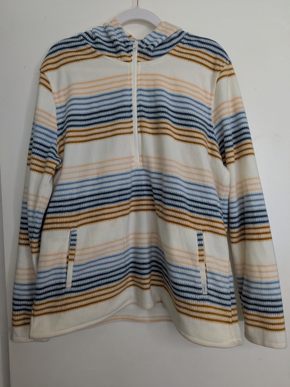 Women's XL O'Neill Fleece Hooded Half-Zip Pullover in Cream, Blue & Tan Stripes